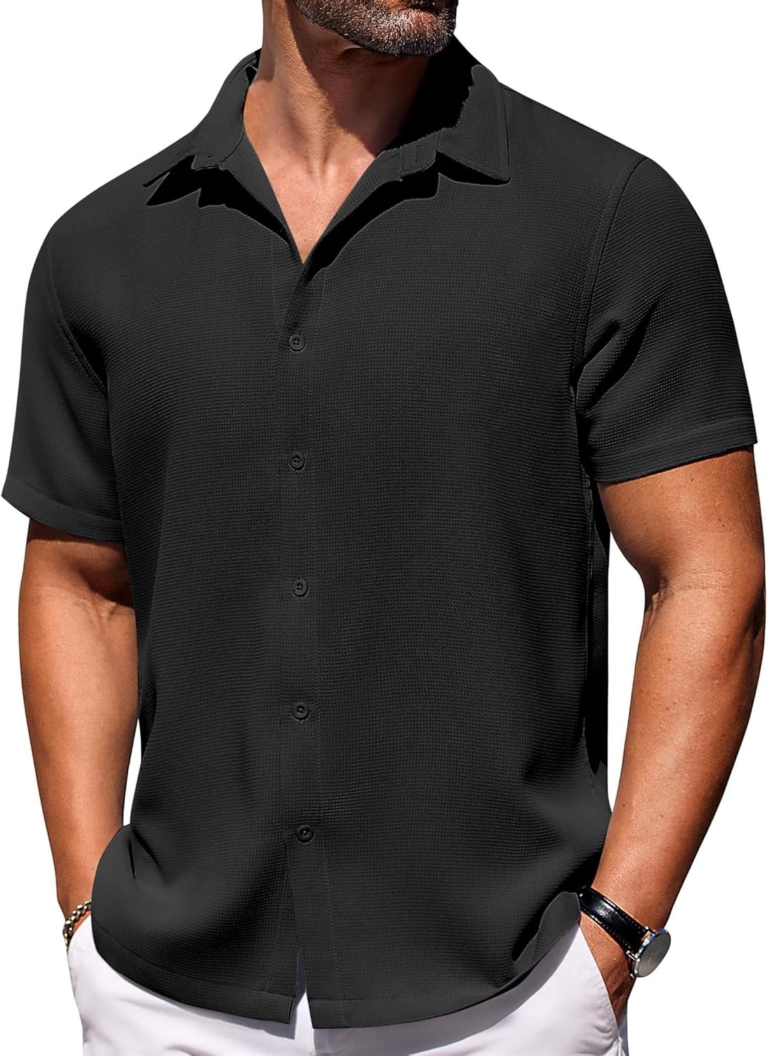 COOFANDY Mens Waffle Shirt Short Sleeve Button Down Shirts Casual Beach Vacation...