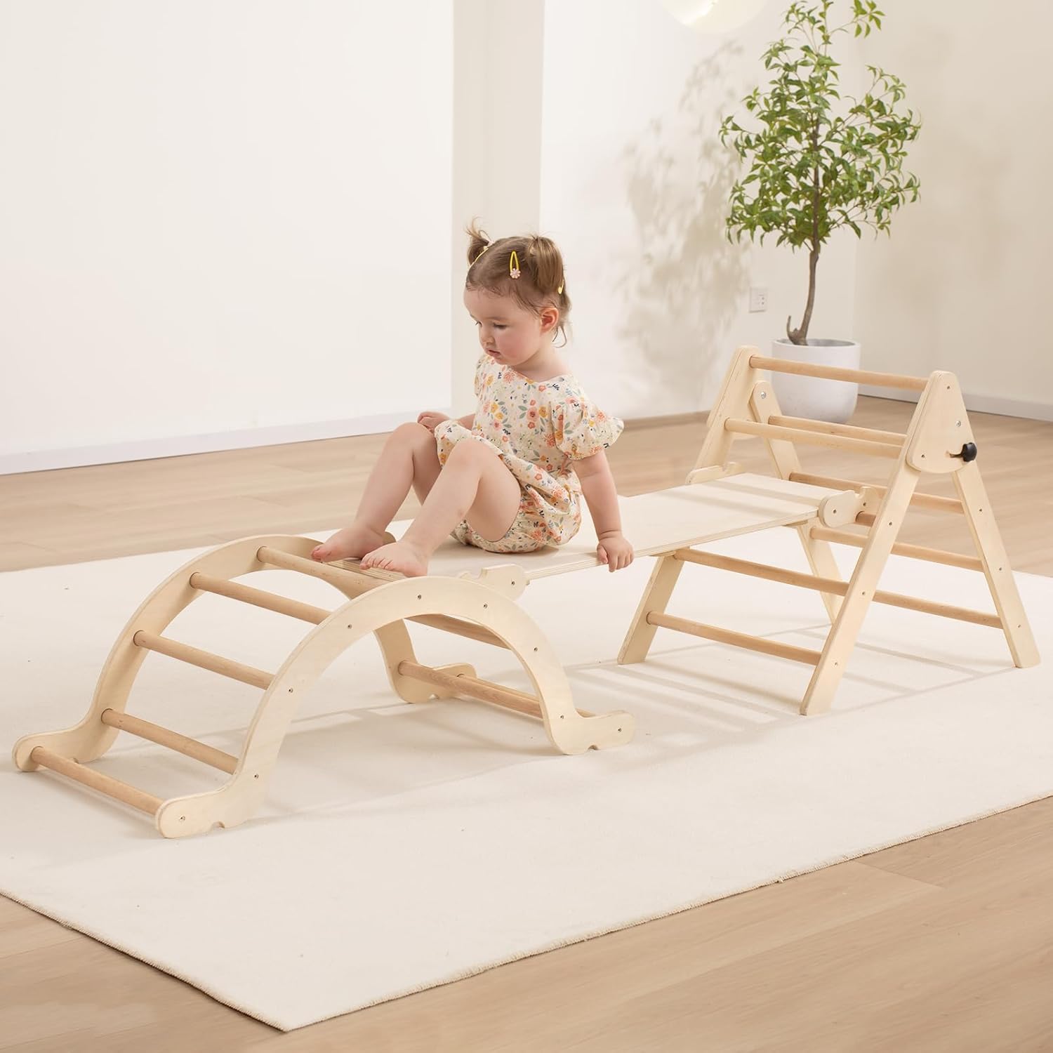 Giant bean Foldable Wooden Pikler Triangle Climbing Set with Sliding Ramp & Arch...