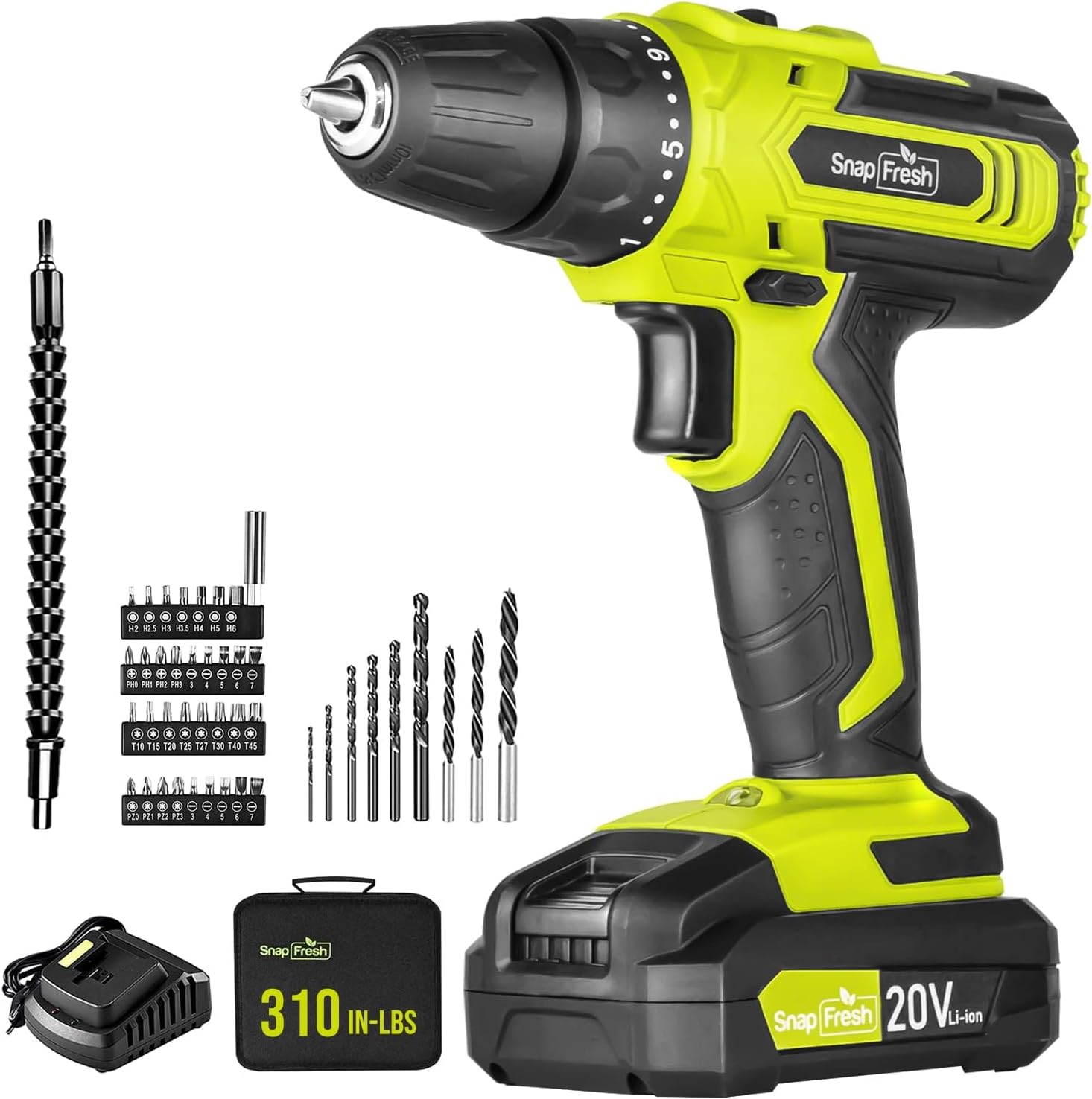 SnapFresh Cordless Drill - 20V Cordless Drill with Battery and Charger, Power Dr...