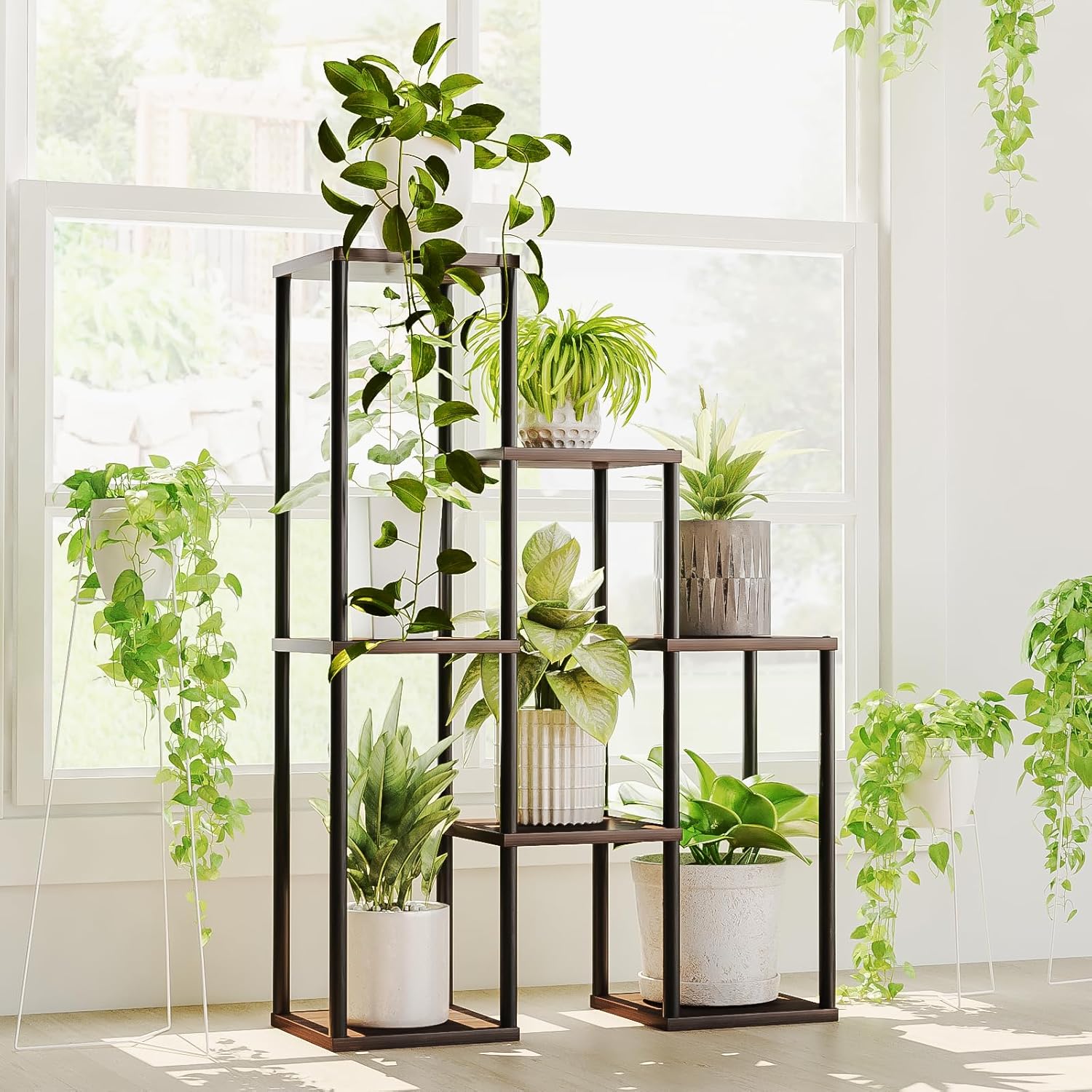 Bamworld Plant Stand Indoor Plant Shelf Metal 7 Pots Black Plant Stands for Indo...