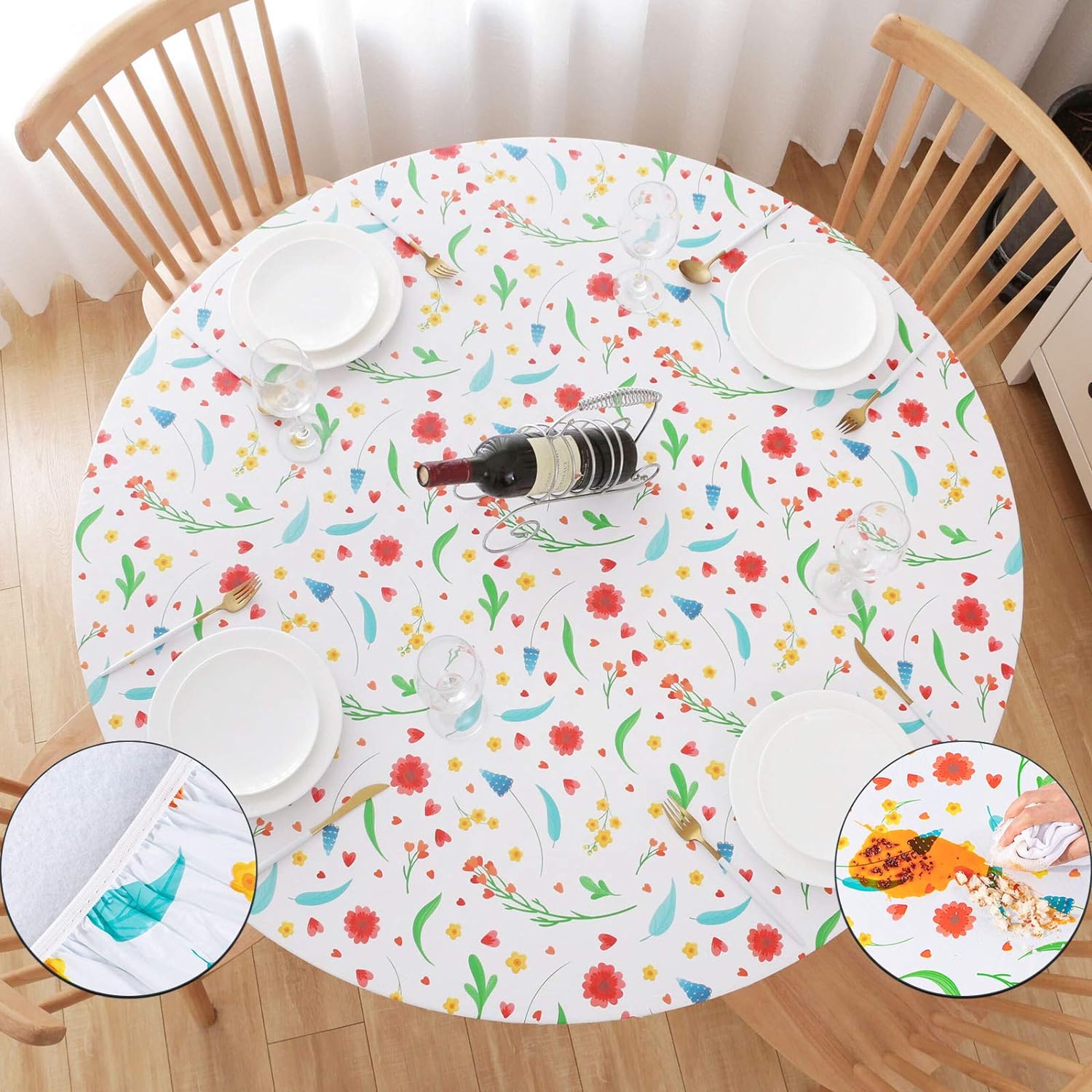UMINEUX Round Fitted Vinyl Tablecloth with Elastic Edged & Flannel Backing, Wate...