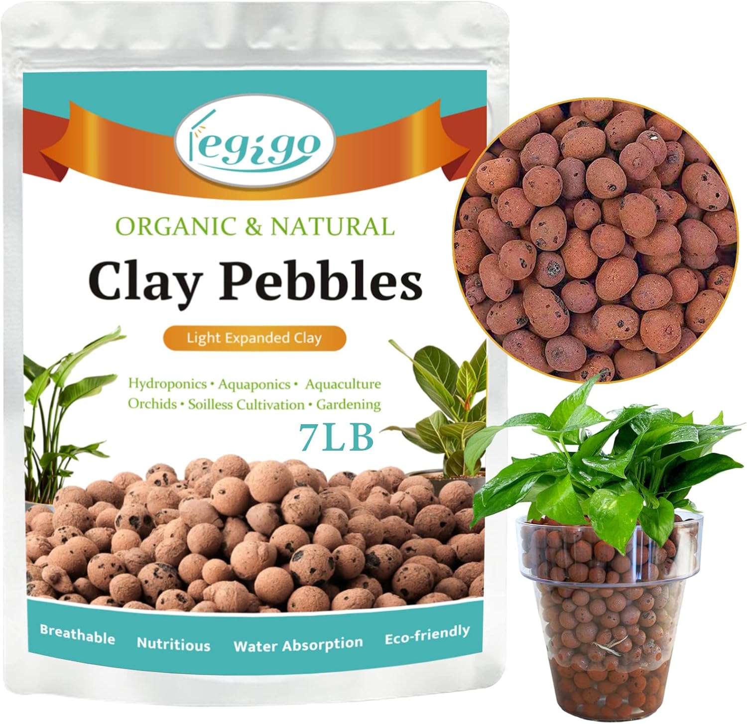 Legigo 7 LBS Organic Expanded Clay Pebbles, 4mm -16mm Light Expanded Clay Aggreg...