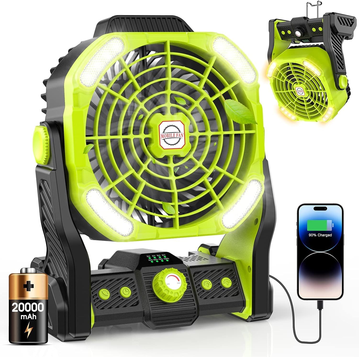 20000mAh Battery Powered Portable Fan - Rechargeable Outdoor Camping Fan with LE...