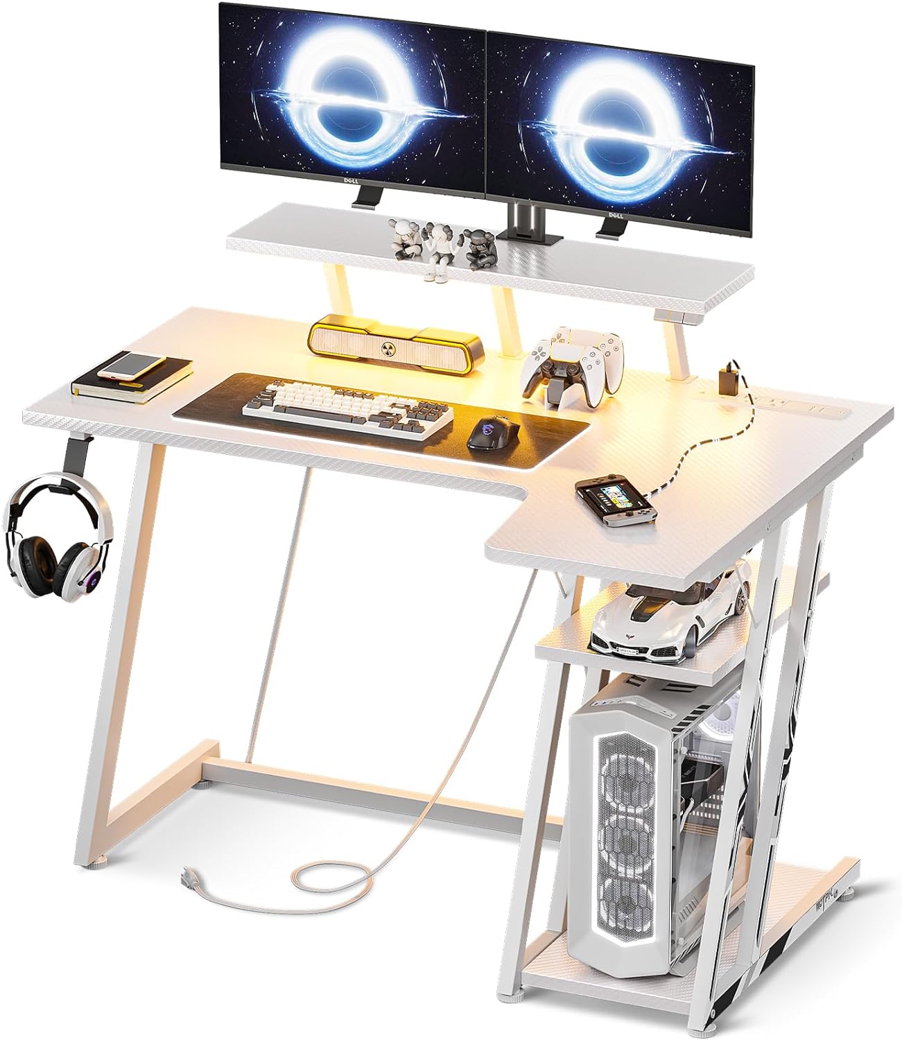 MOTPK White Gaming Desk L Shaped with LED Lights, Small Corner Computer Desk 39i...