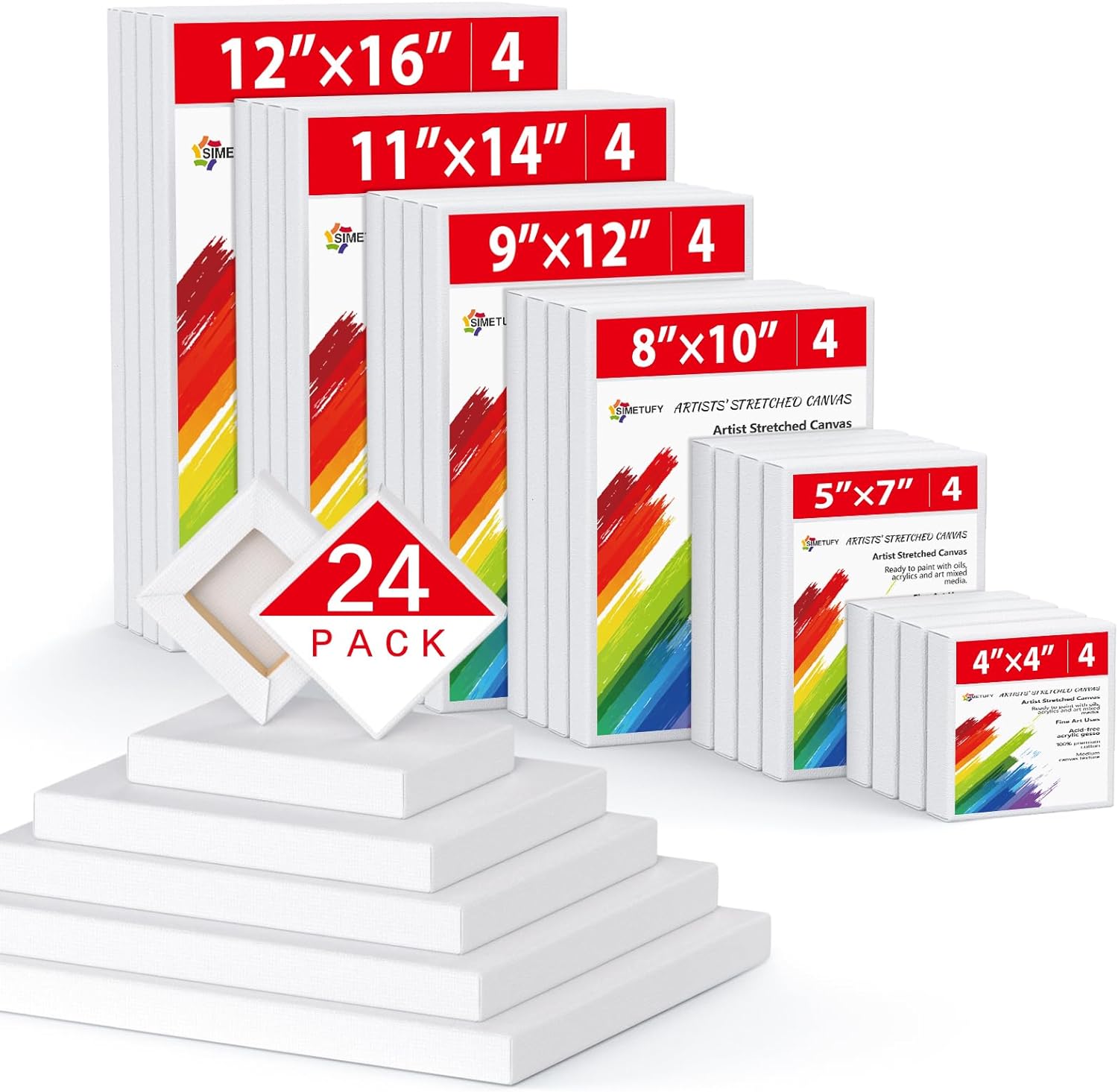 Simetufy 24 Pack Stretched Canvas for Painting 6 Sizes 4X4, 5x7, 8x10, 9x12, 11x...
