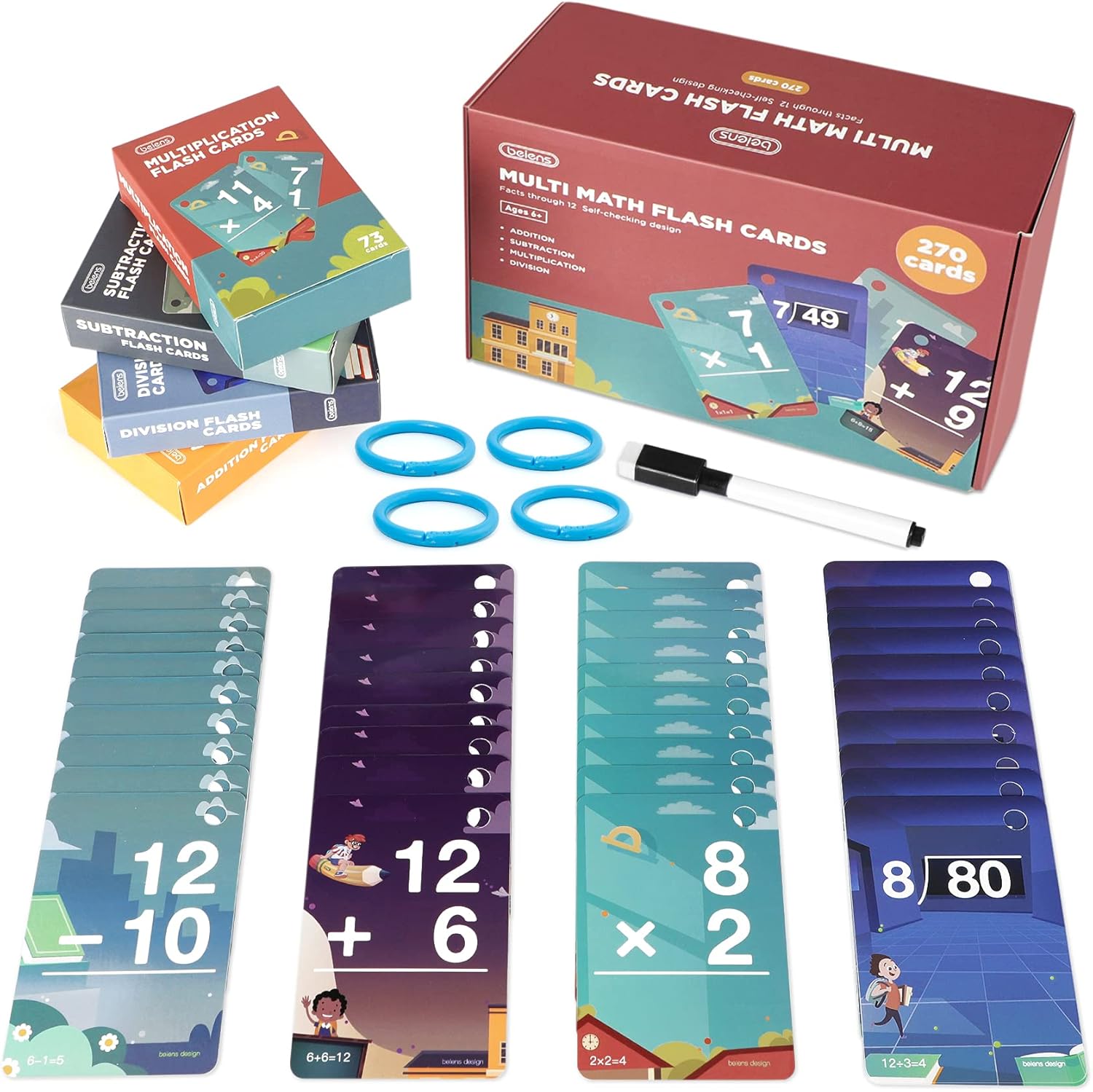beiens Multi Math Flash Cards, 270 Addition, Subtraction, Multiplication, Divisi...