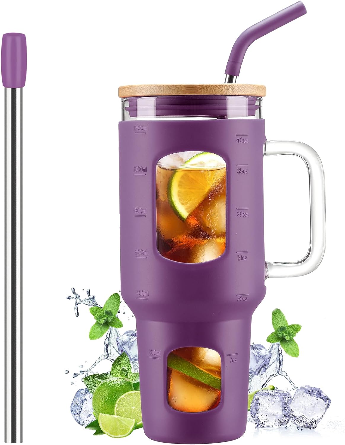 Glass Tumbler with Straw and Lid, 40 oz glass cup with handle, Glass Water Bottl...