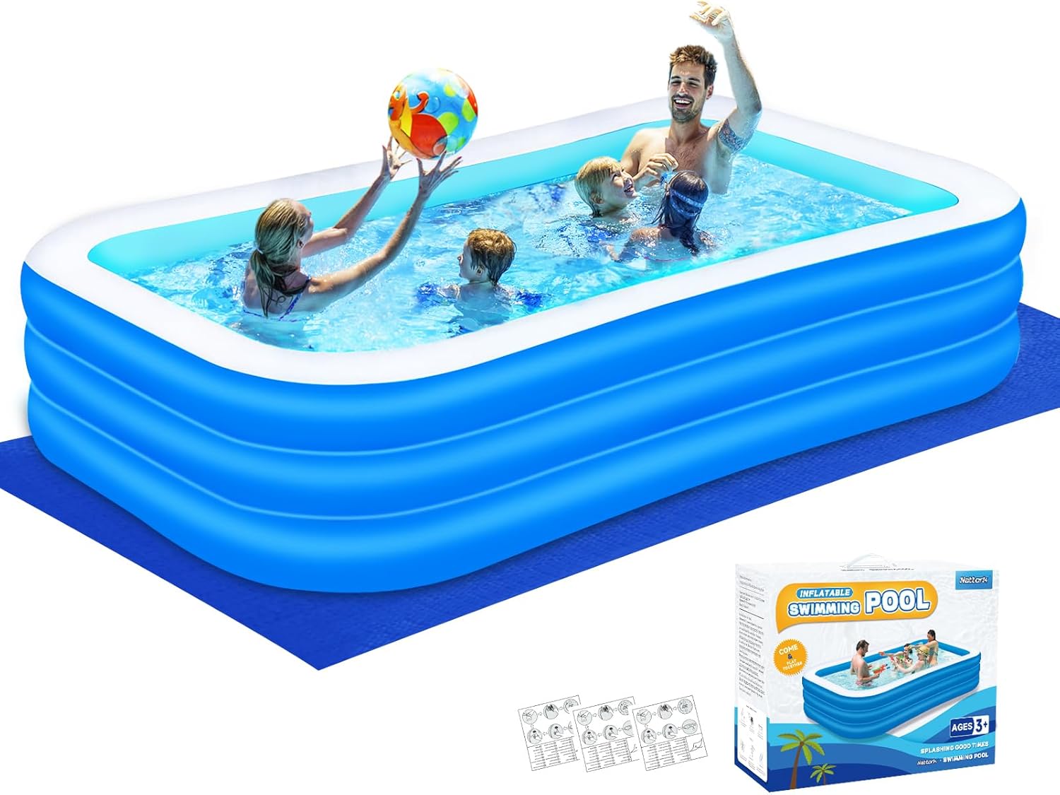 Inflatable Swimming Pool for Kids and Adults- 118" x 68" x 22" Family Full-Sized...