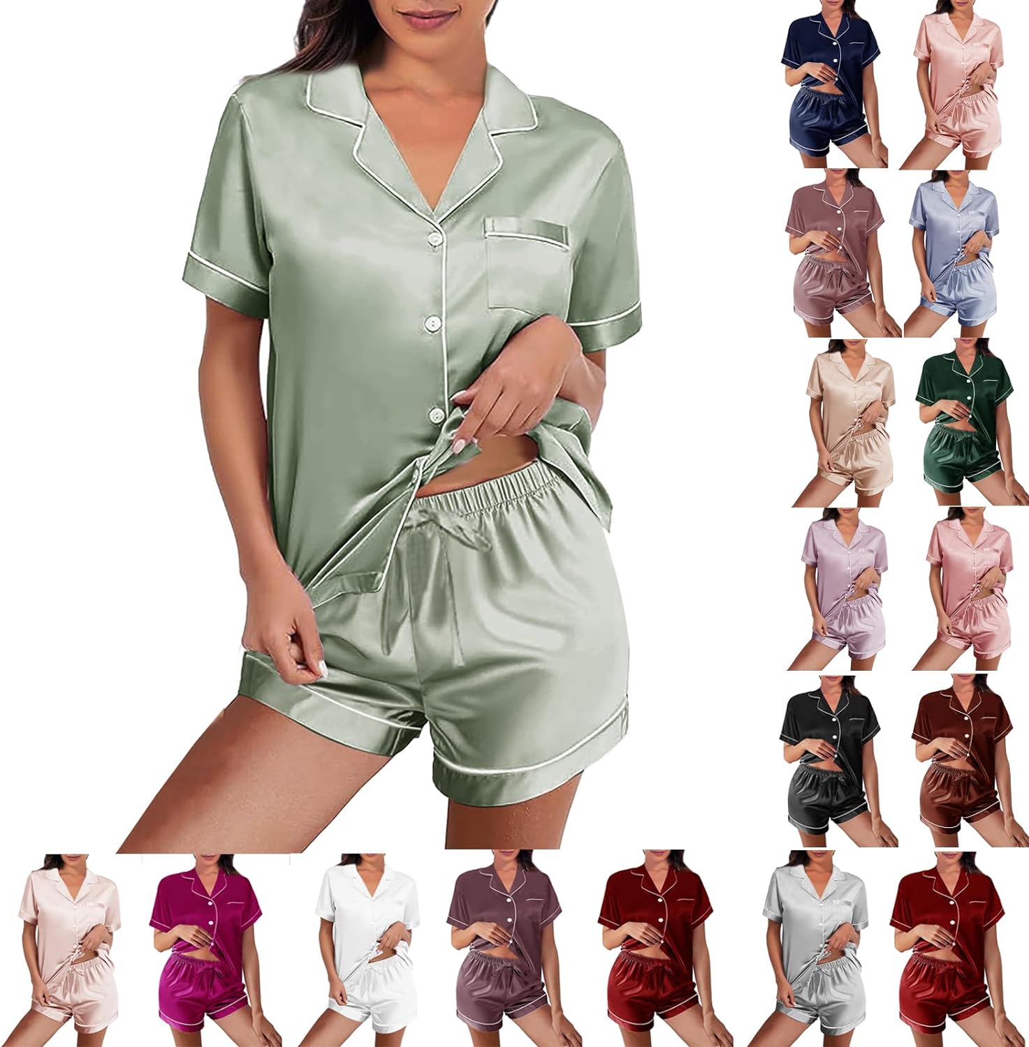 Womens Silk Satin Pajamas Loungewear Two-Piece Sleepwear Button-Down Floral Pj S...