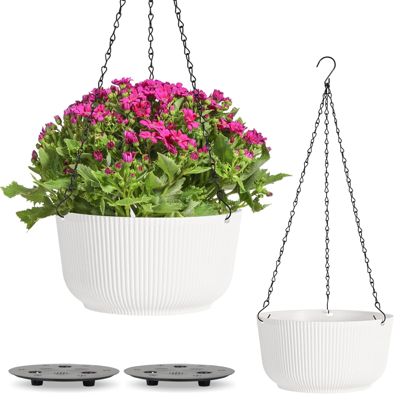 T4U 10 Inch Hanging Planters for Indoor Outdoor Plants, 2 Pack White Self Wateri...