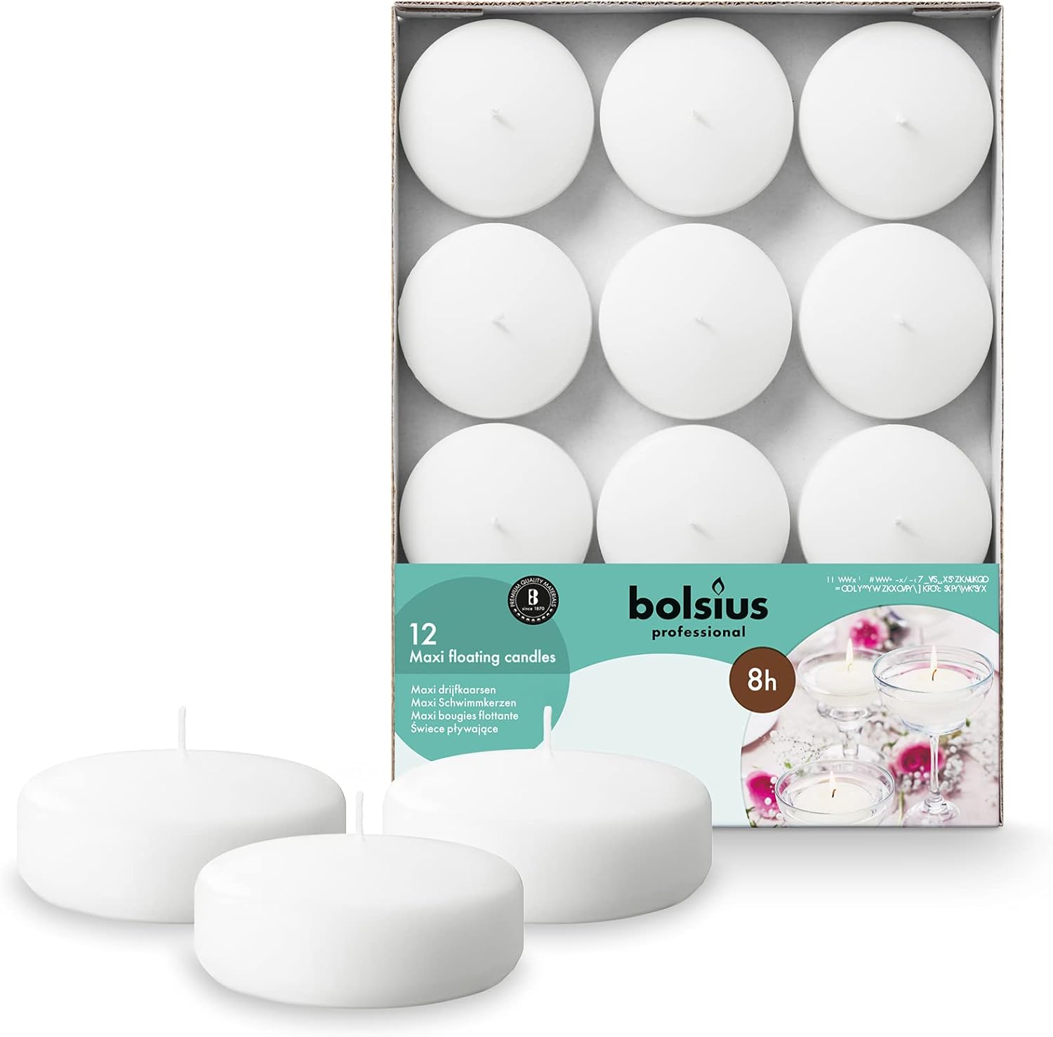 BOLSIUS White Floating Candles 3 Inch - Set Of 12 Maxi Candles - 8 Hour Clean Bu...