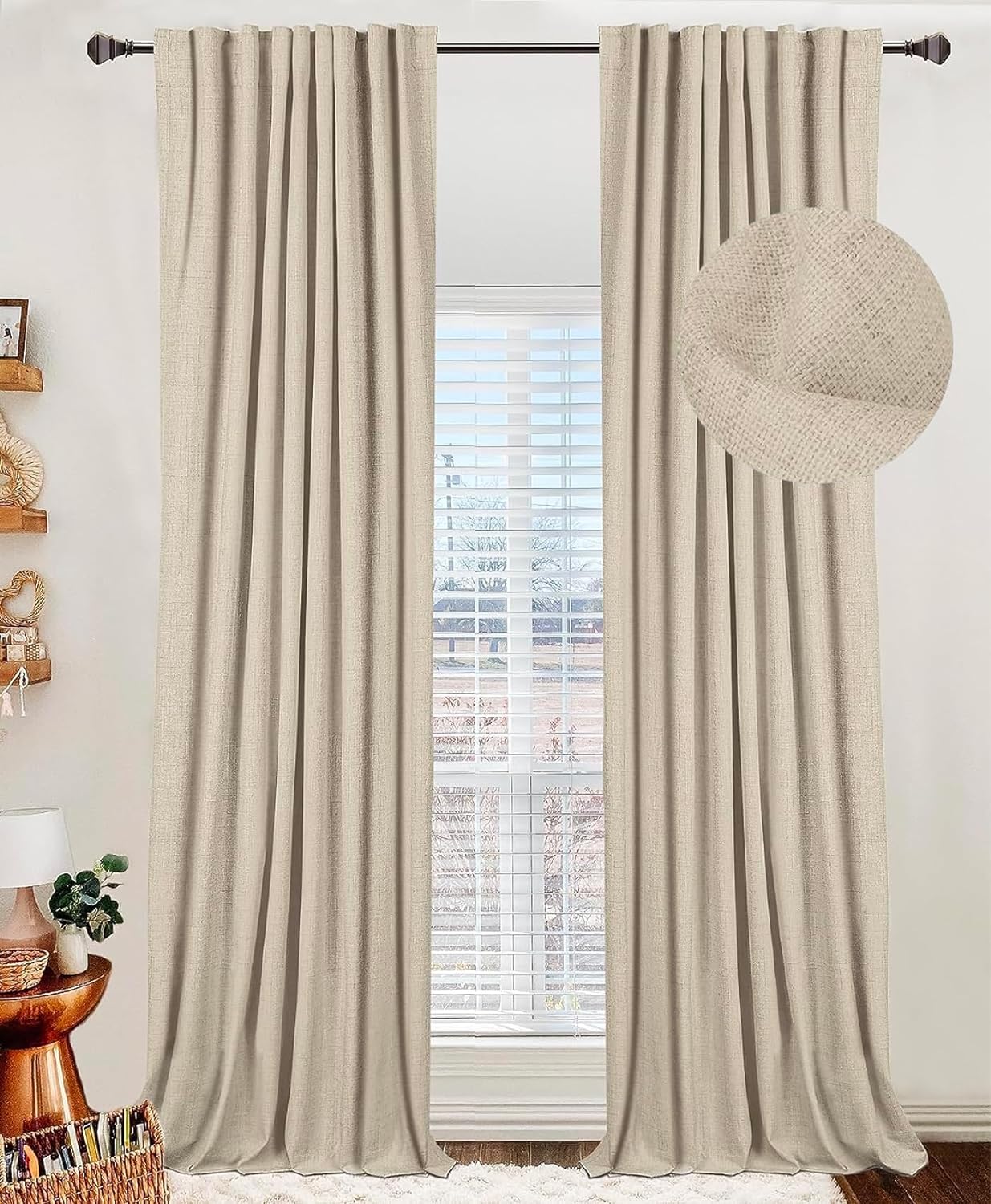 100% Blackout Shield Linen Blackout Curtains for Bedroom 96 Inches Long,Back Tab...