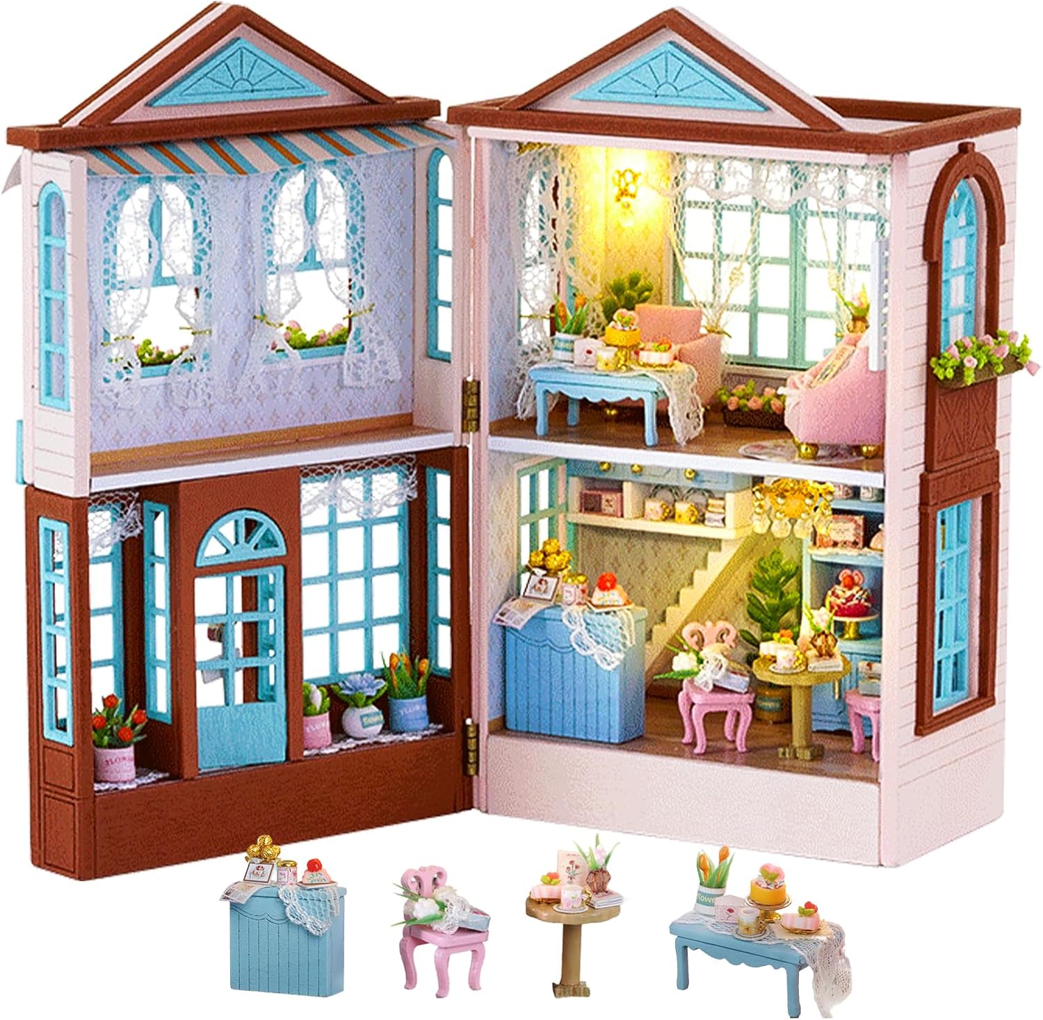 CUTEBEE Dollhouse Miniature House Kit with Furniture, DIY Wooden Dollhouse Kit T...