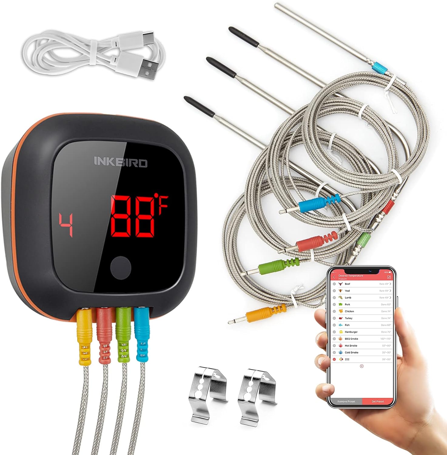 Grill BBQ Bluetooth Meat Thermometer with 4 Colore...