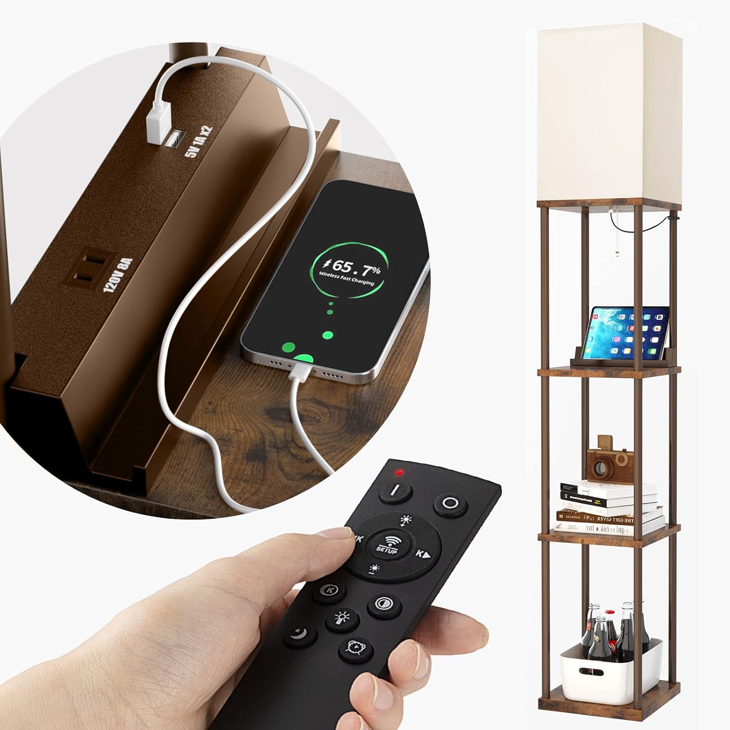 addlon Shelf Floor lamp with 2 USB Ports and Power Outlet, Remote Control Floor...