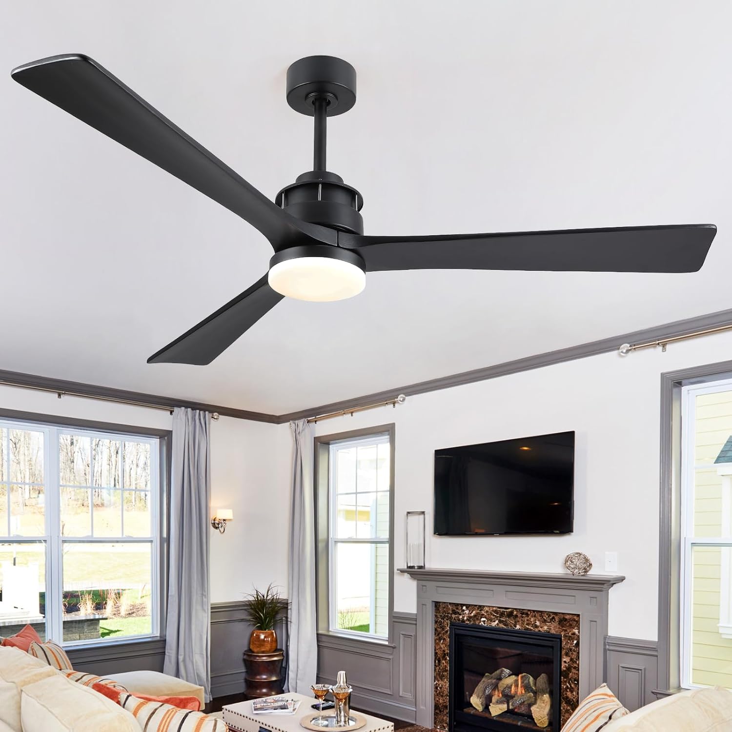 60“ Wood Ceiling Fans with Lights and Remote, Black Modern Ceiling Fan with 3 Wo...