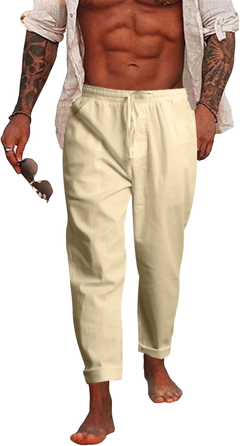 NANAMEEI Men's Cotton Linen Trousers Casual Linen Trousers with Pockets Elastic...