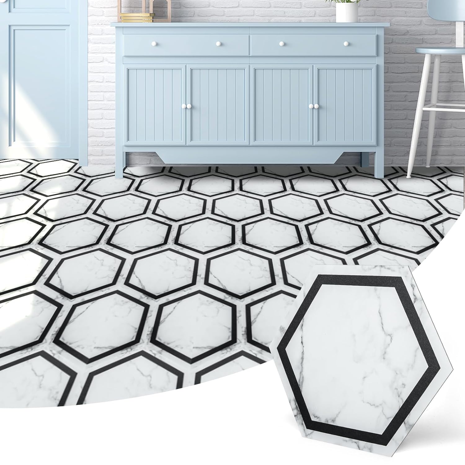Art3d 30-Pack Hexagon Peel and Stick Flooring Tile Marble Look, Self Adhesive Wa...