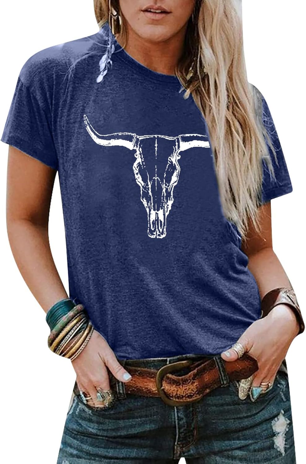 Boho Cow Skull Shirt women cowgirl t shirt Vintage Western Rodeo Graphic Tee Sho...