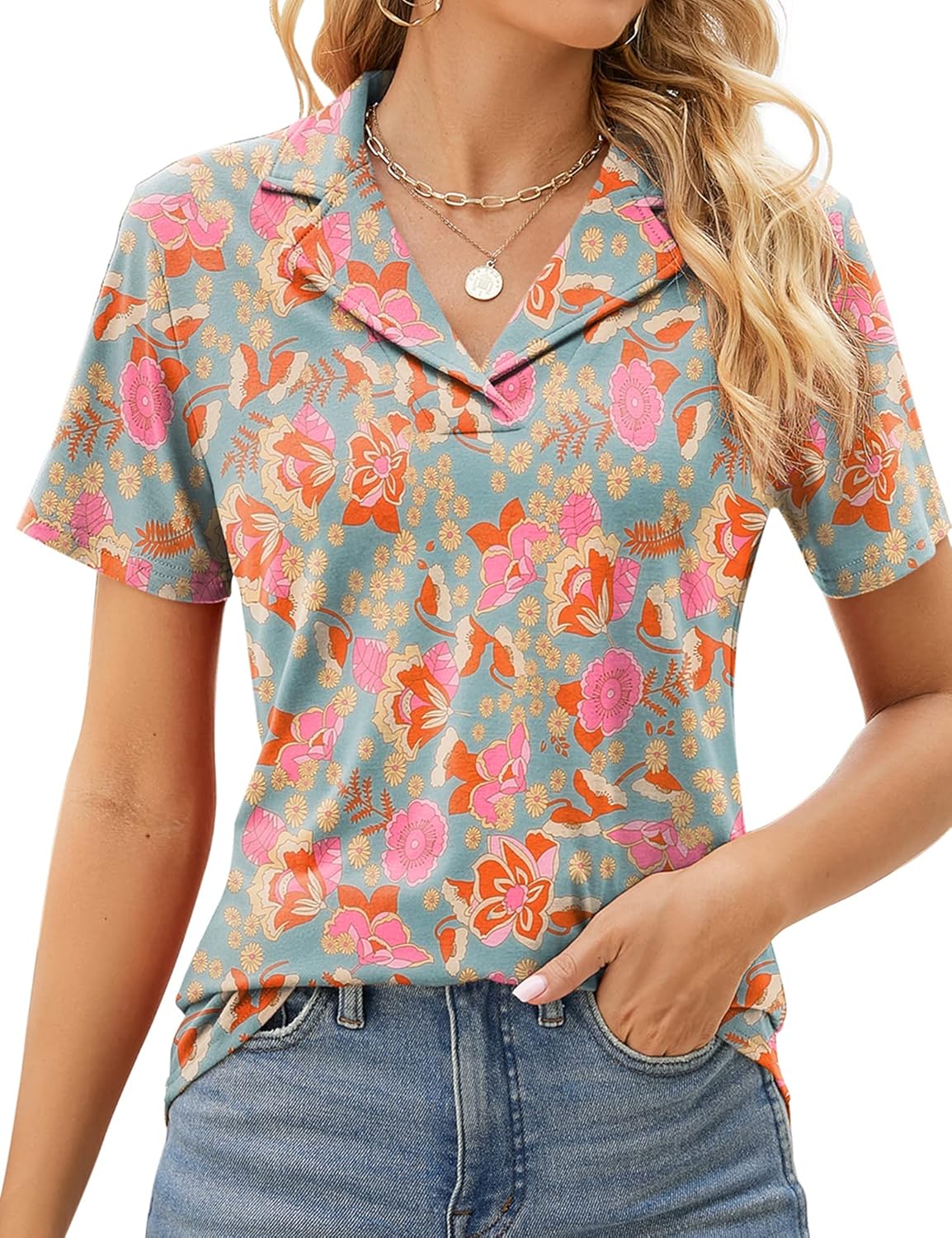 Rapbin Women's Polo Shirts Lapel Collar V Neck Short Sleeve Blouse Dressy Casual...