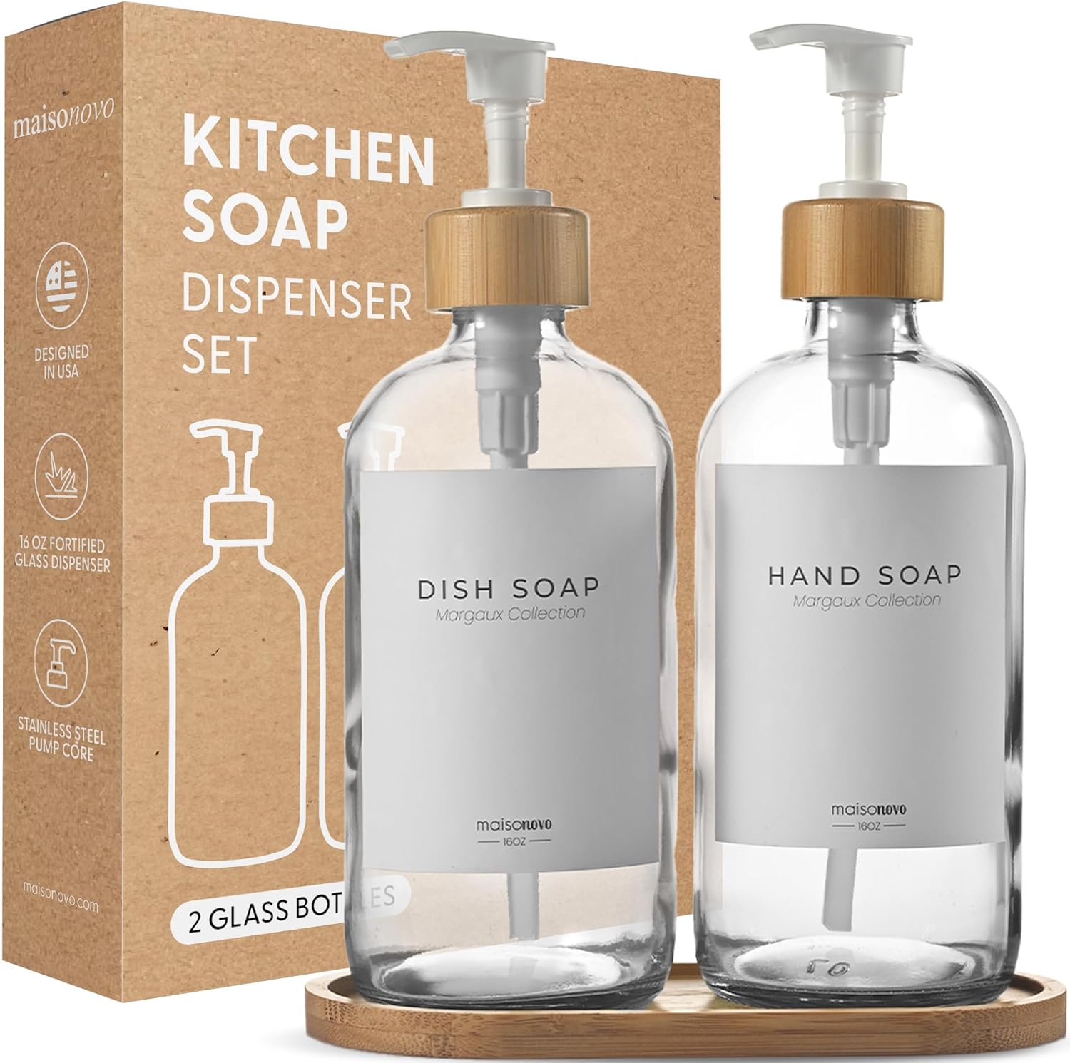 MaisoNovo Kitchen Soap Dispenser Set with Tray | 16.9 fl oz Bamboo Glass Clear S...