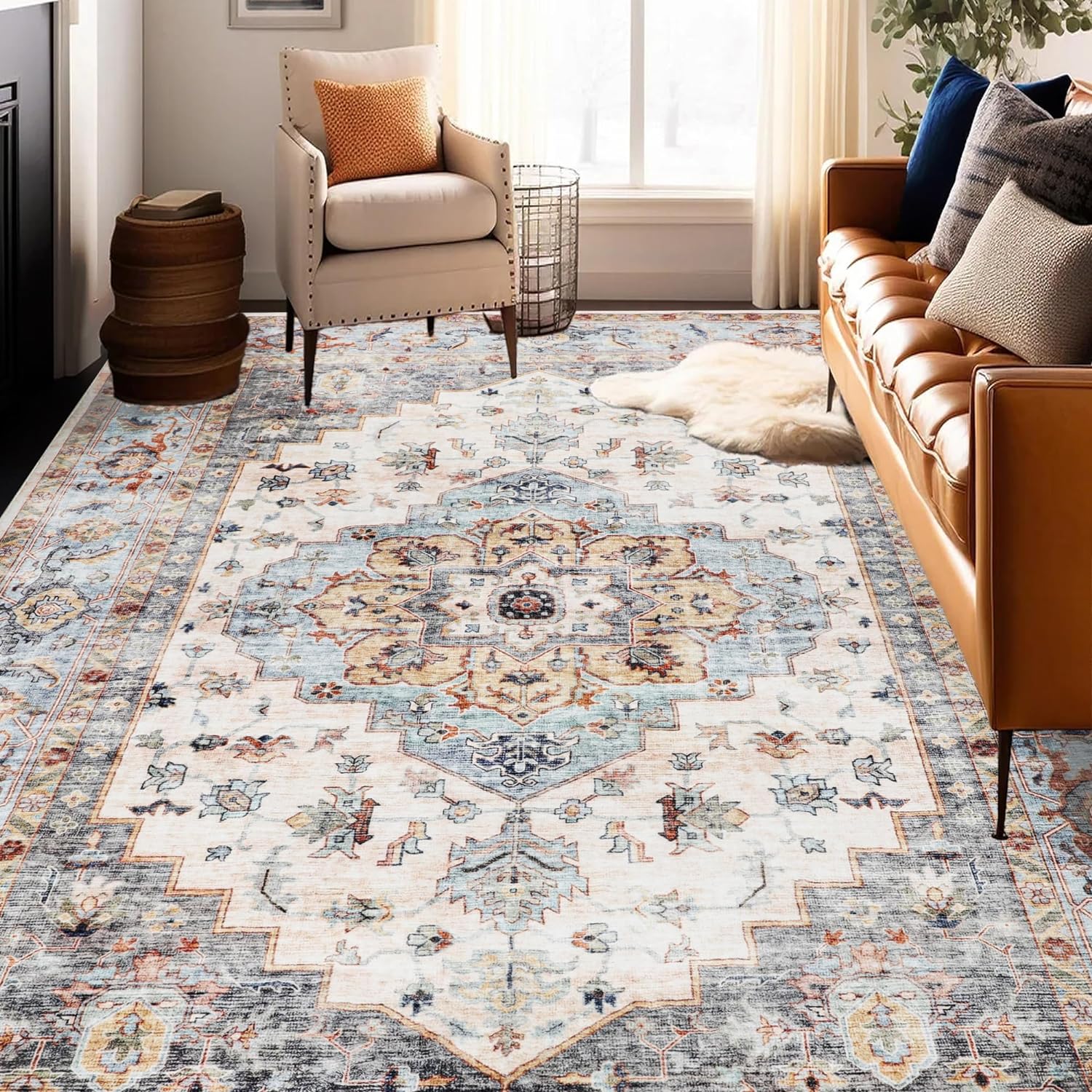 8x10 Machine Washable Area Rugs Large Boho Vintage Design Rug for Living Room, B...