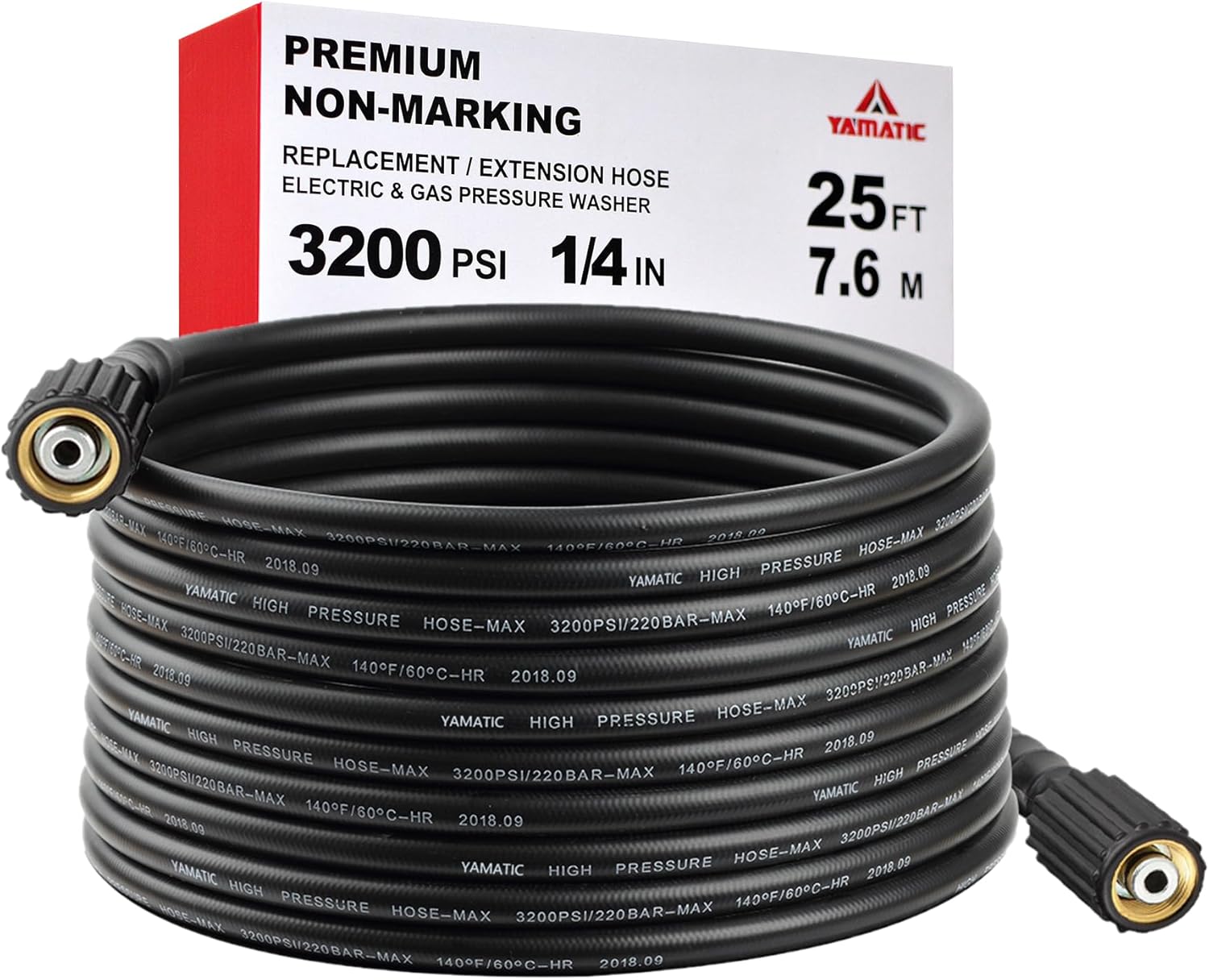 YAMATIC Kink Resistant Pressure Washer Hose 25FT 1/4" M22 Brass Fitting Power Wa...
