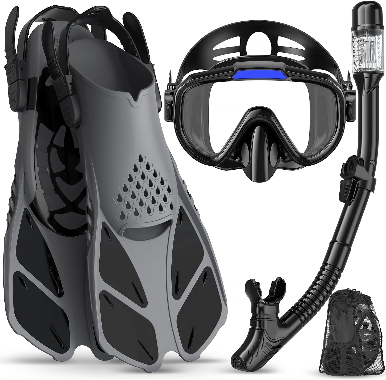 Snorkeling Gear for Adults Men Women,4 in 1 Snorkel Set with Panoramic View Divi...