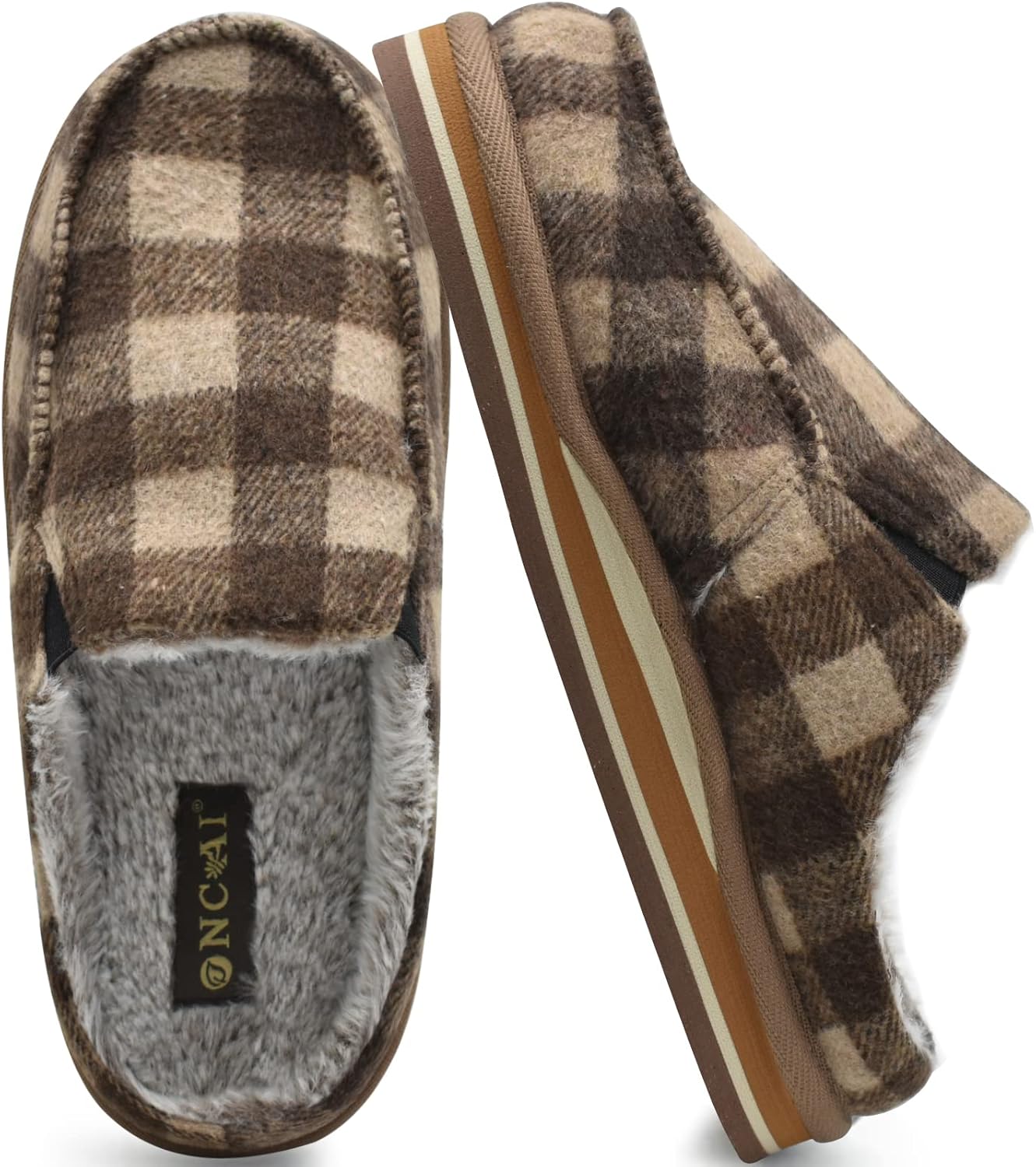 ONCAI Mens Clog Slippers with Arch Support Stripe Faux Fur Cotton-Blend High-Den...