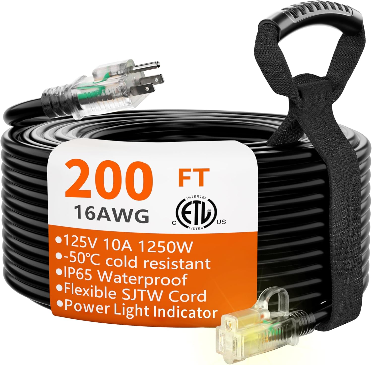 HUANCHAIN 16/3 Gauge 200 ft Extension Cord Outdoor Waterproof with Lighted end,...