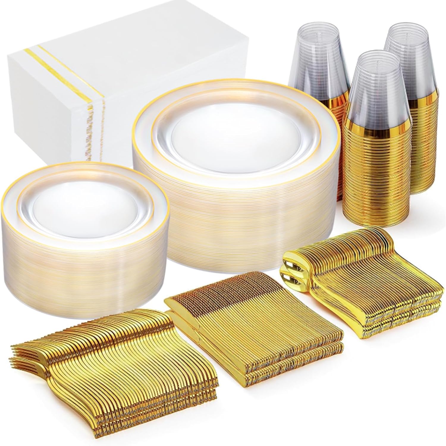 GATHER 350pcs Clear and Gold Plastic Plates-Disposable Clear Plates with Gold Tr...