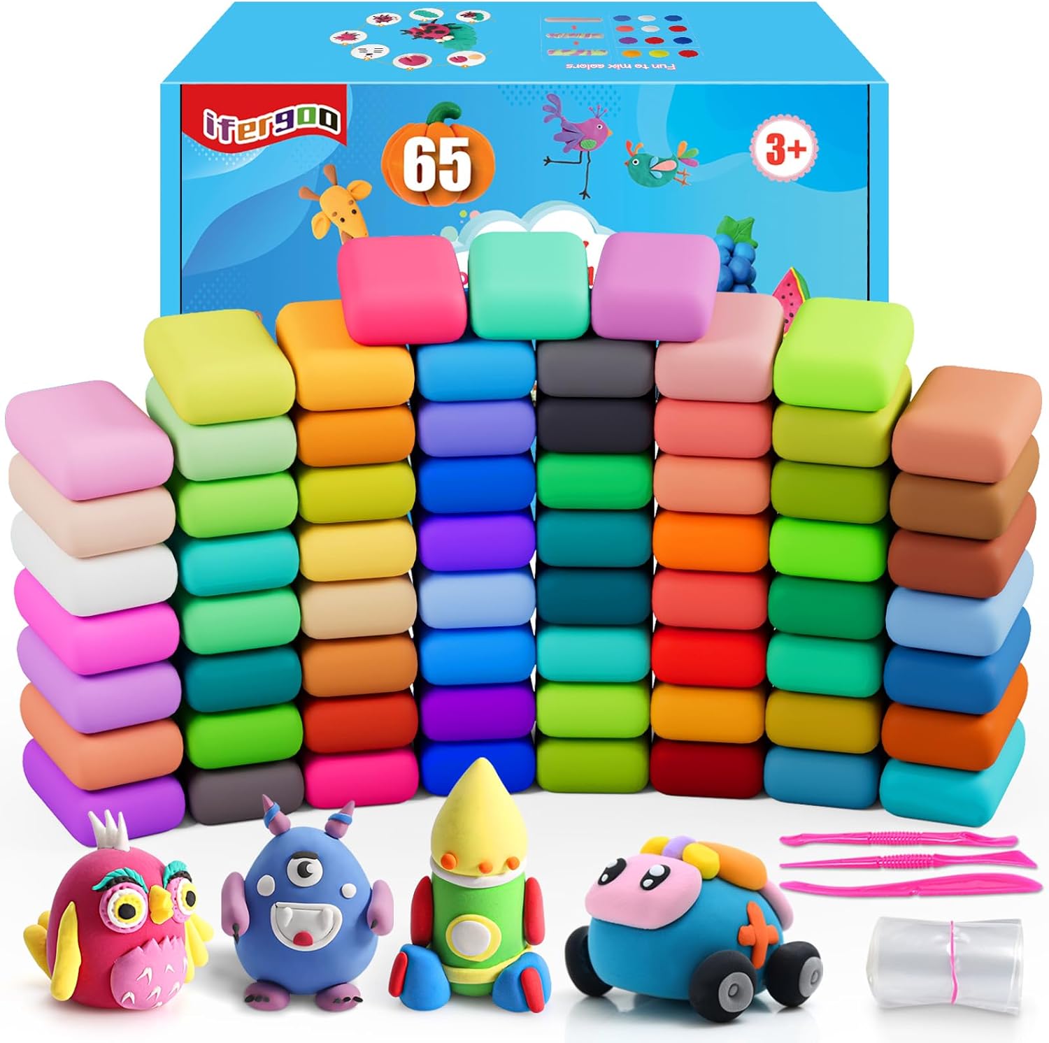 ifergoo Modeling Clay Kits - 65 Colors Air Dry Clay, DIY Molding Magic Clay, No-...