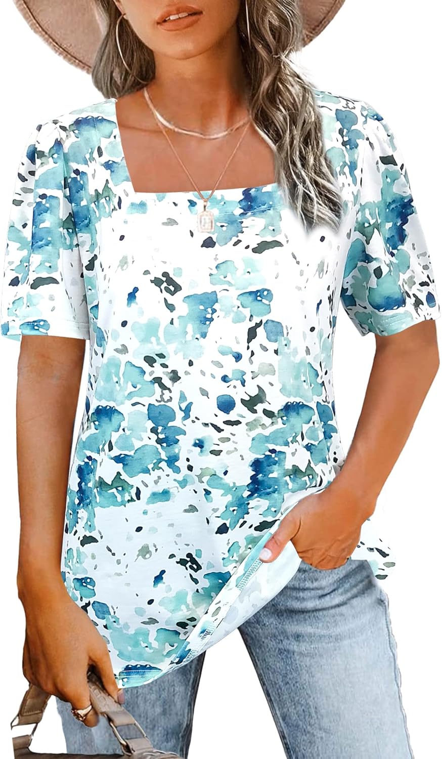 Womens Tops Casual Short Sleeve Square Neck Shirts Puff Sleeve Tshirts Loose Cas...