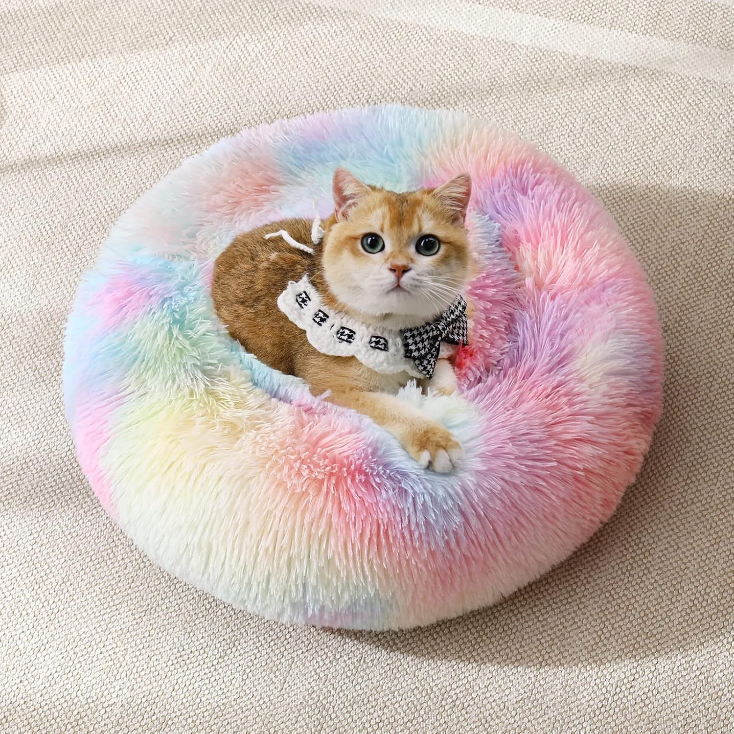 JOLLYVOGUE Calming Donut Dog Bed & Cat Bed, Anti-Anxiety Washable Dog Round Bed,...