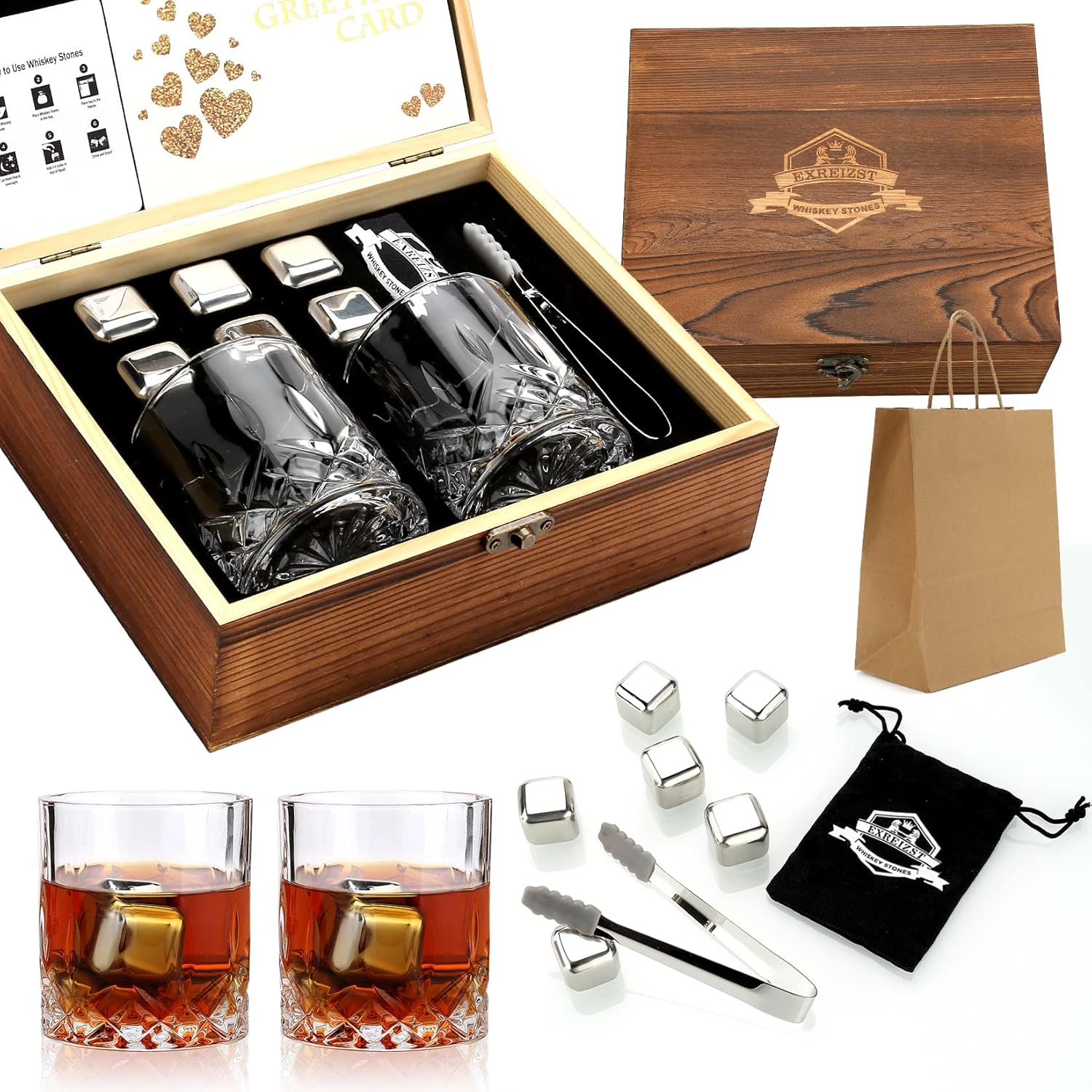 Whiskey Stones, Whiskey Glass Gift Set, Whisky Rocks Chilling Stones in Handmade...