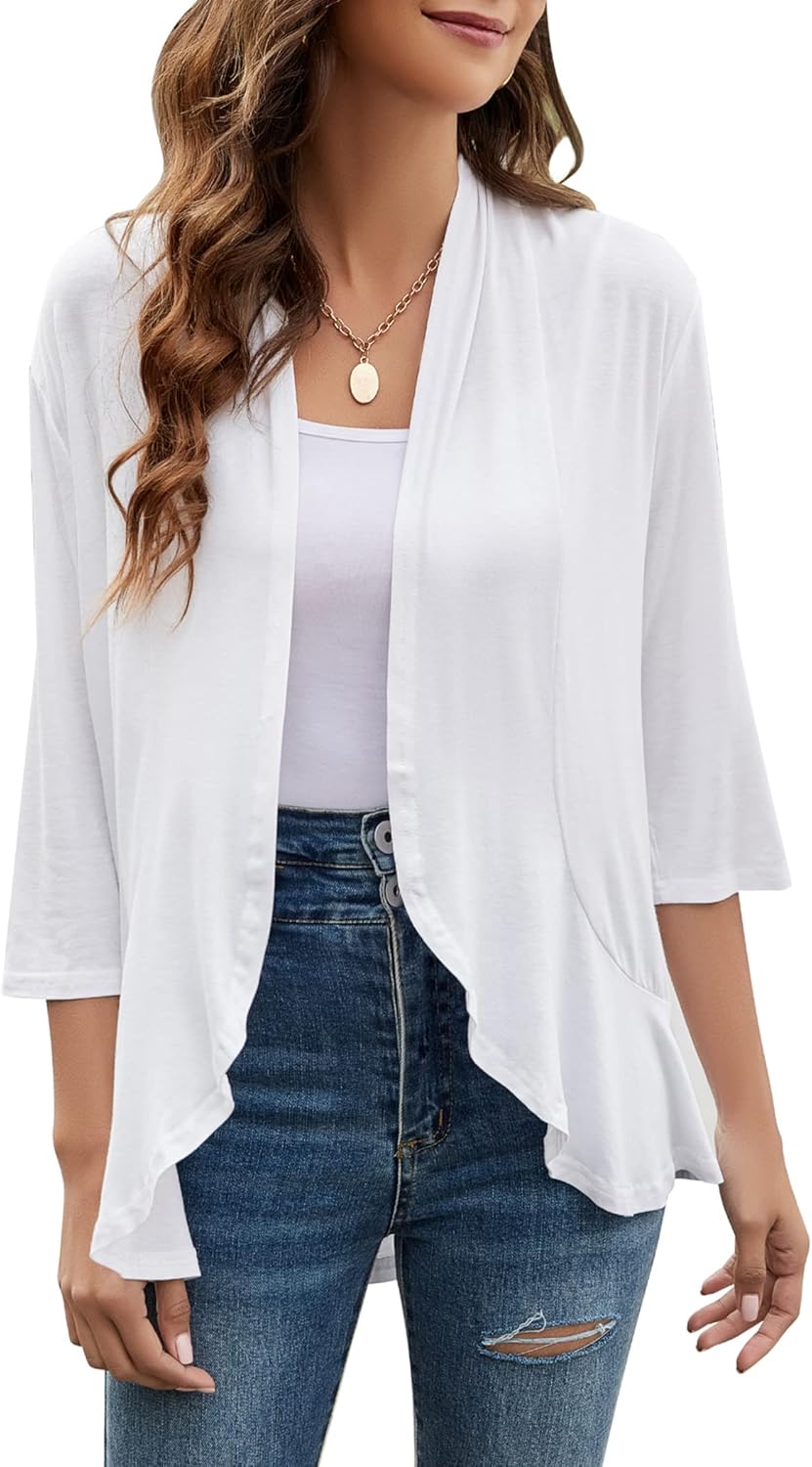 Yekaty Women Cardigan 3/4 Sleeves Open Front Lightweight Cardigan Draped Ruffles...