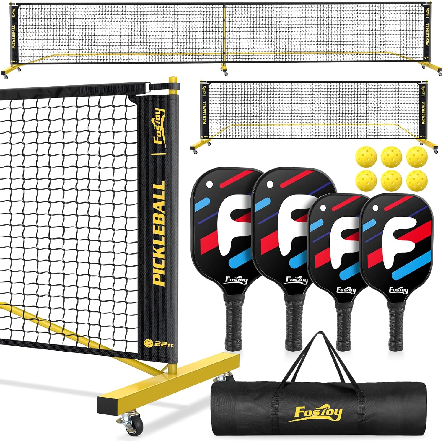 Fostoy Portable Pickleball Net with Wheels, Regulation Size 22 FT & Half Court 1...
