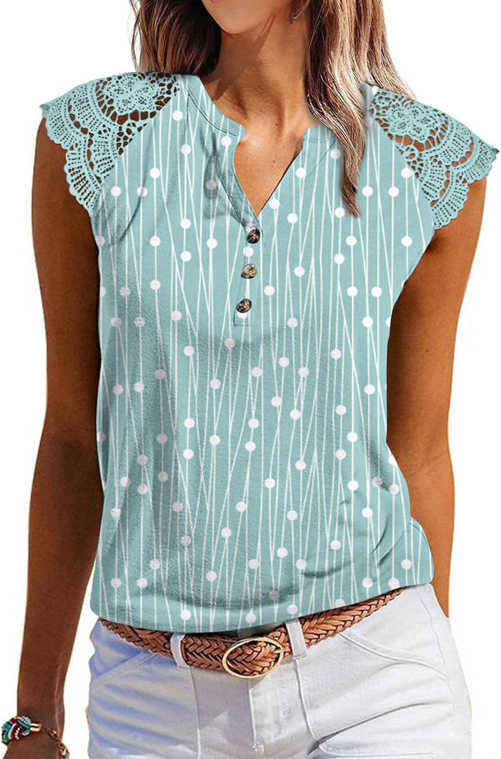 Women's Tank Tops Lace Cap Sleeve Button Down V Neck Summer Casual Loose Fit 202...