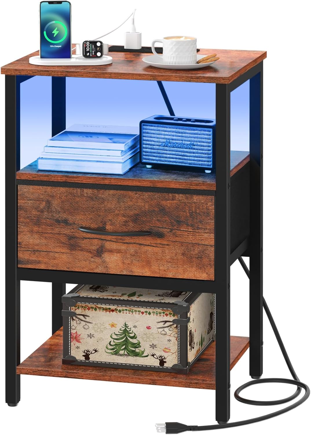 Yoobure Side Table with Storage, LED Night Stand w...