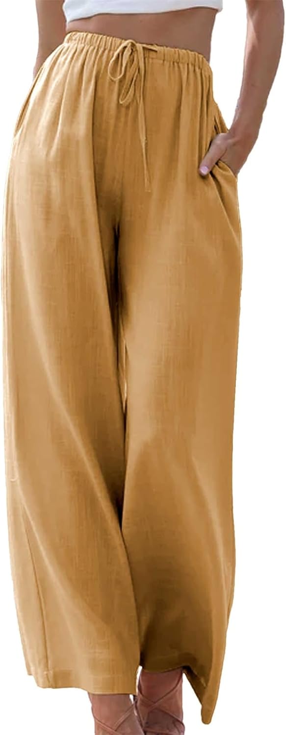 Duyang Womens Cotton Linen Palazzo Pants Drawstring Elastic Waist Casual Wide Le...