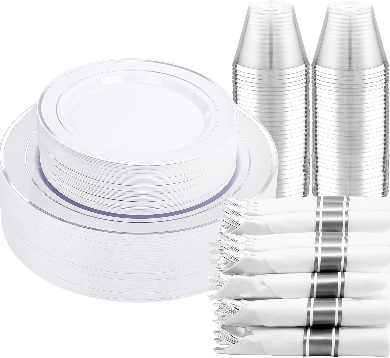 DaYammi 210PCS Silver Plastic Dinnerware Set for 30 Guests, Fancy Disposable Pla...