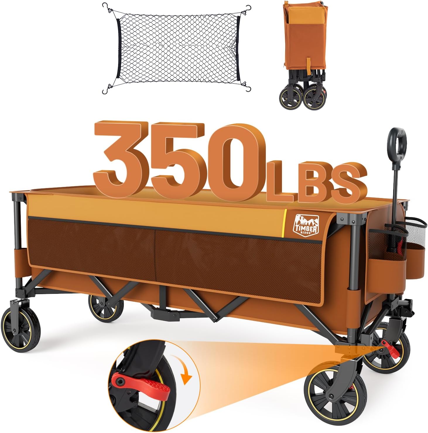 TIMBER RIDGE 51.2'' Extended Collapsible Wagon Cart with Brakes and Cargo Net, 3...