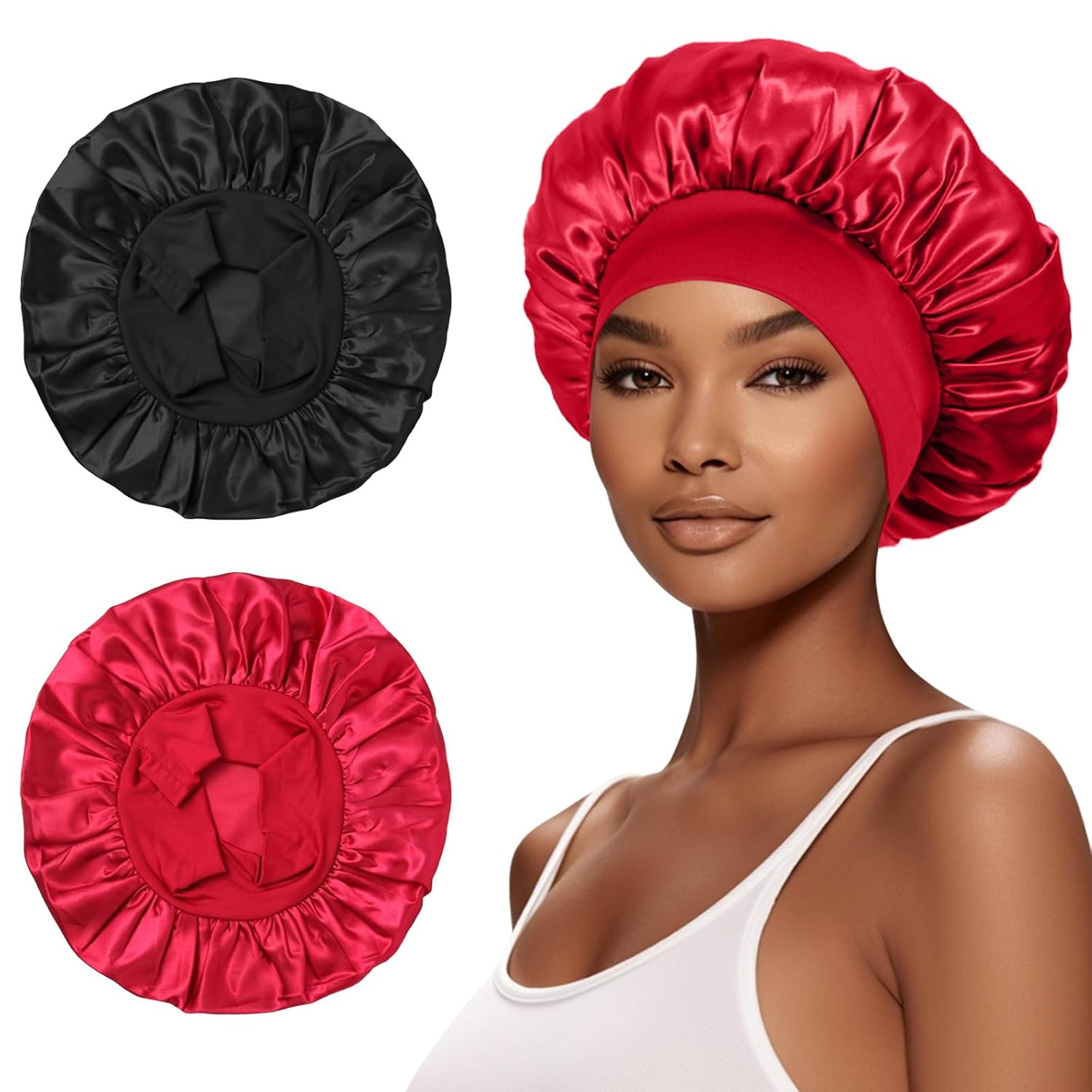 2Pcs Satin Bonnet for Sleeping, Silk Hair Wrap for Curly Hair with Elastic Wide...
