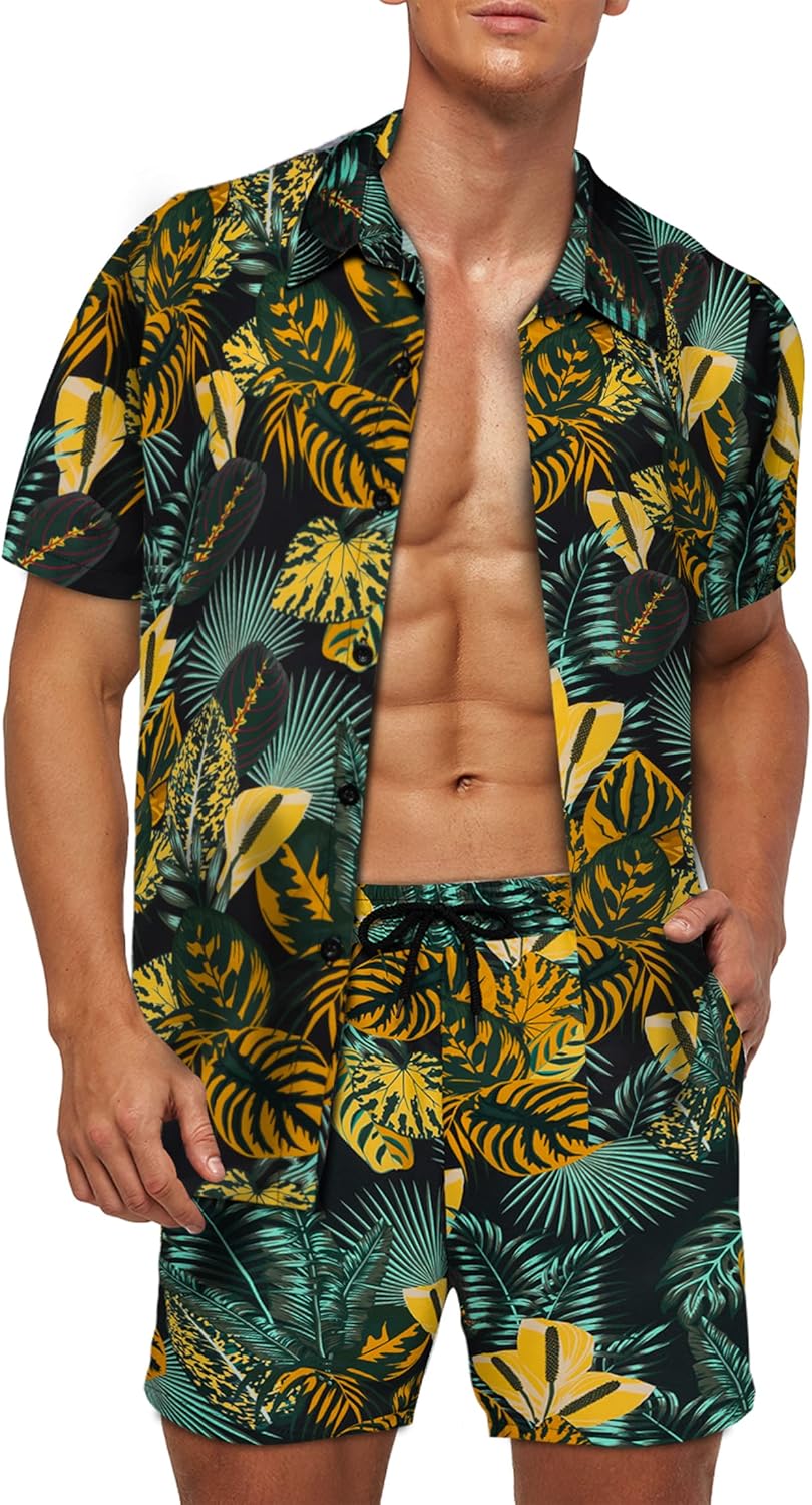 Men's Hawaiian Shirt and Shorts Set Tropical Floral Beach Shirt Set Casual Aloha...