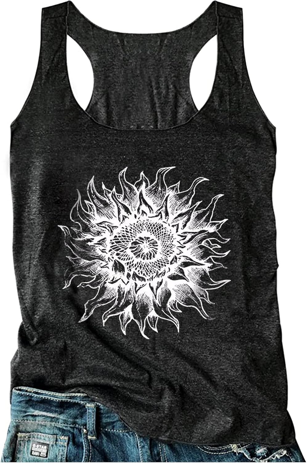 Womens Mandala Vintage Graphic Racerback Tank Tops Summer Casual Loose O-Neck Ta...