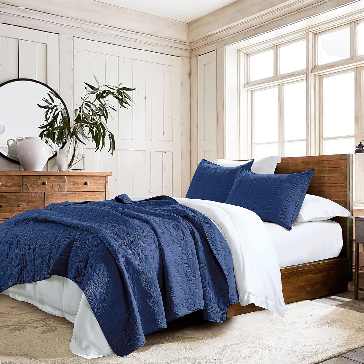 HORIMOTE HOME 100% Cotton Quilt Set Queen Size, Navy Blue Pre-Washed 3-Piece Bed...