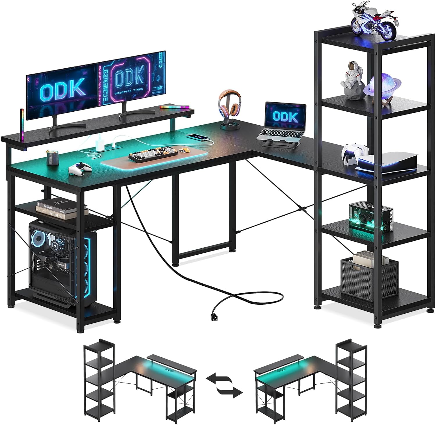 ODK L Shaped Desk, Corner Desk with LED Lights & Power Outlets, Reversible Compu...