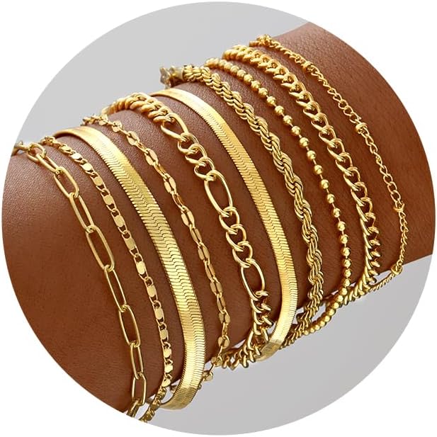 Gold Bracelets for Women - 14K Gold Plated Dainty Bracelets Set, Layered Chain B...