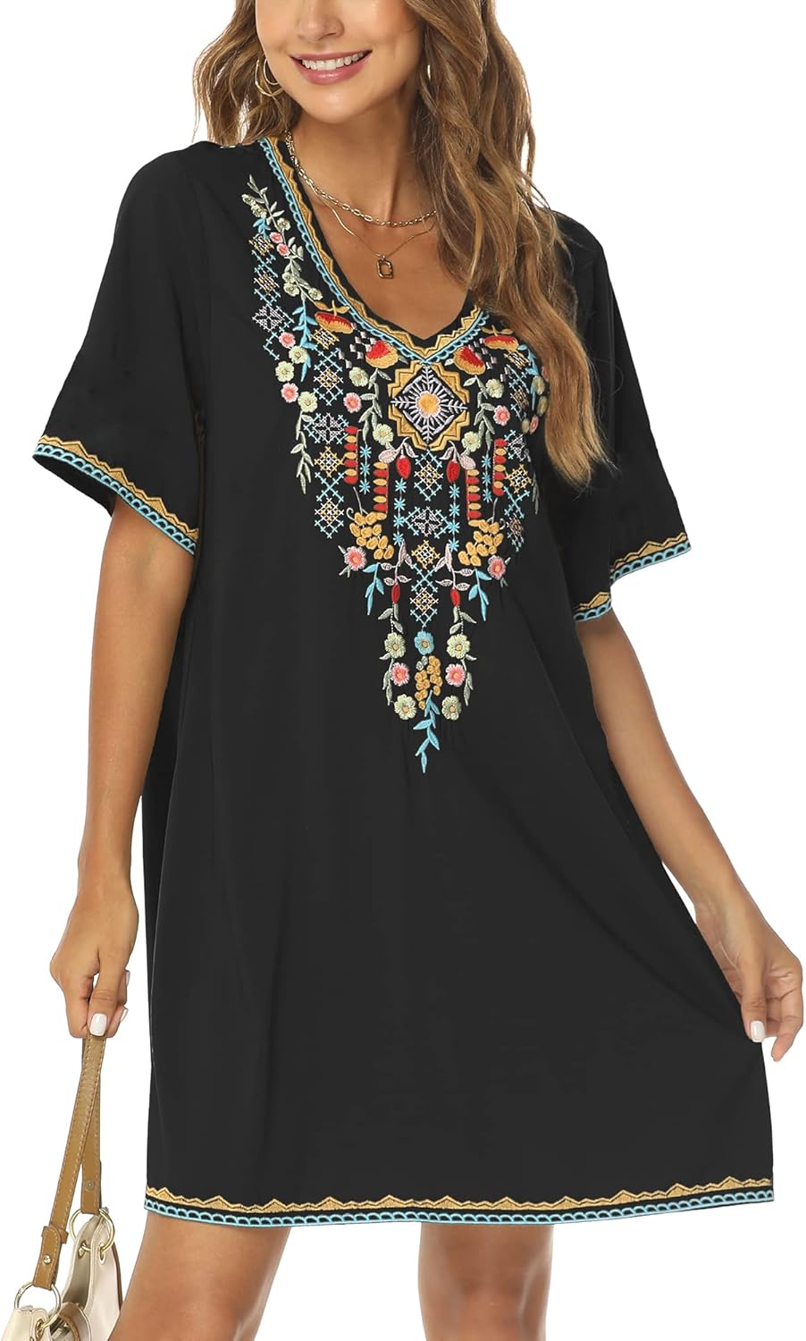 Grosy Women's Embroidered Mexican Peasant Dresses, Plus Size Fiesta Boho Dress f...