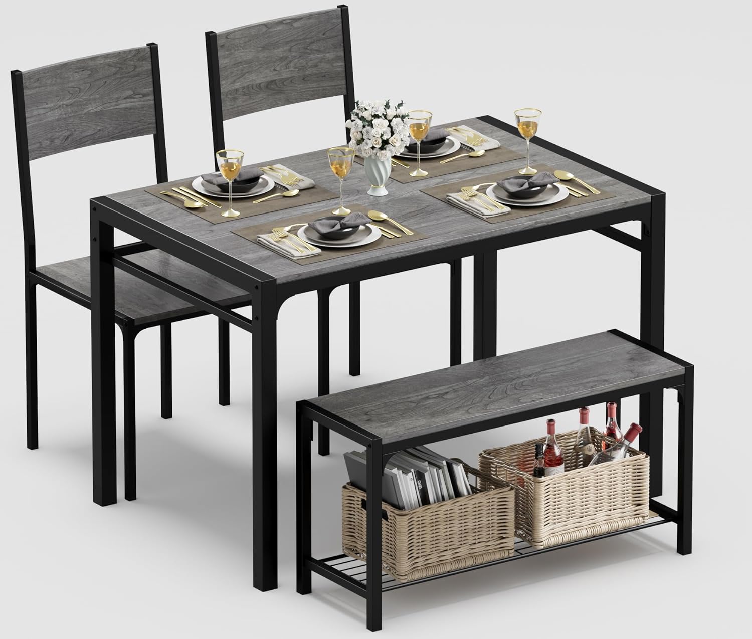 JUMMICO 43.3" Dining Table Set for 4, Kitchen Table with Bench & 2 Chairs Modern...